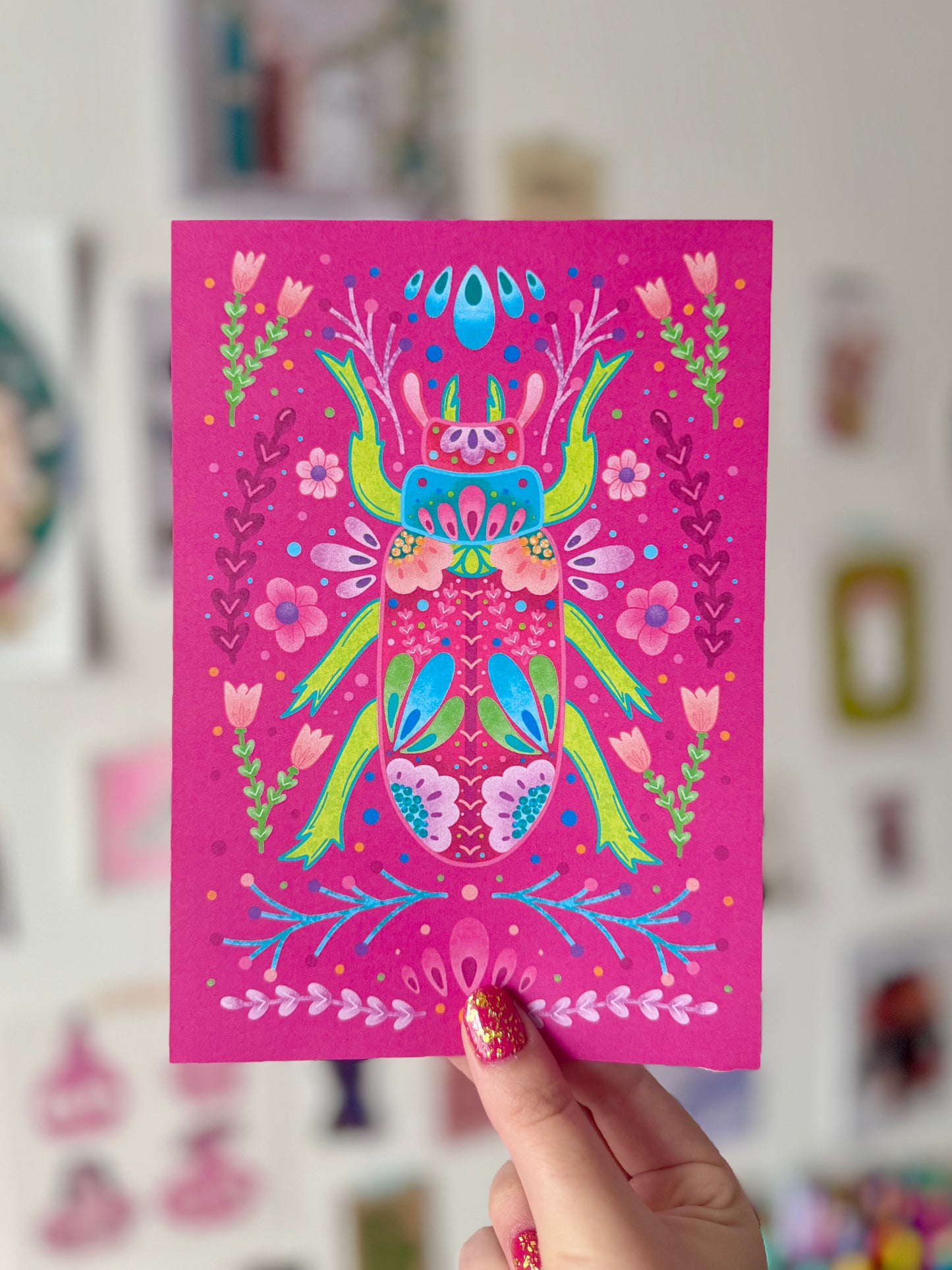 Pink & Green Beetle A5 Print