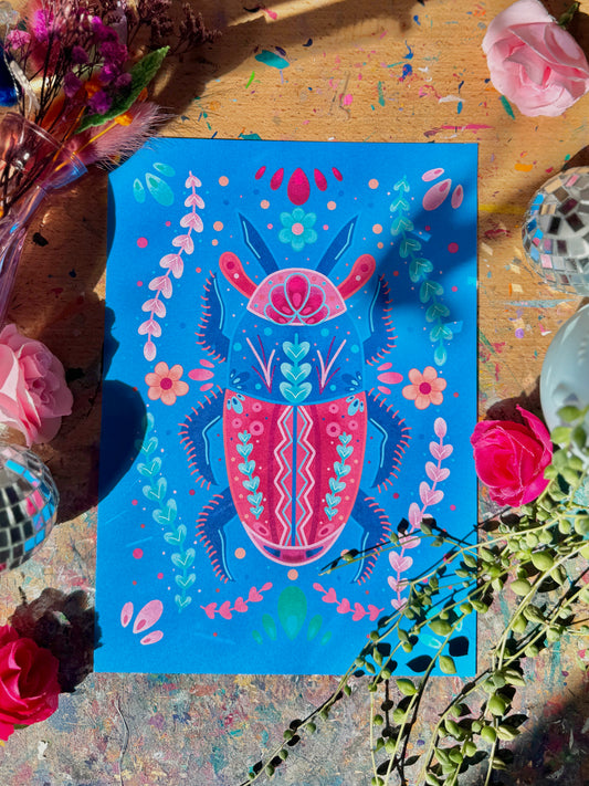 Blue & Pink Beetle A5 Print