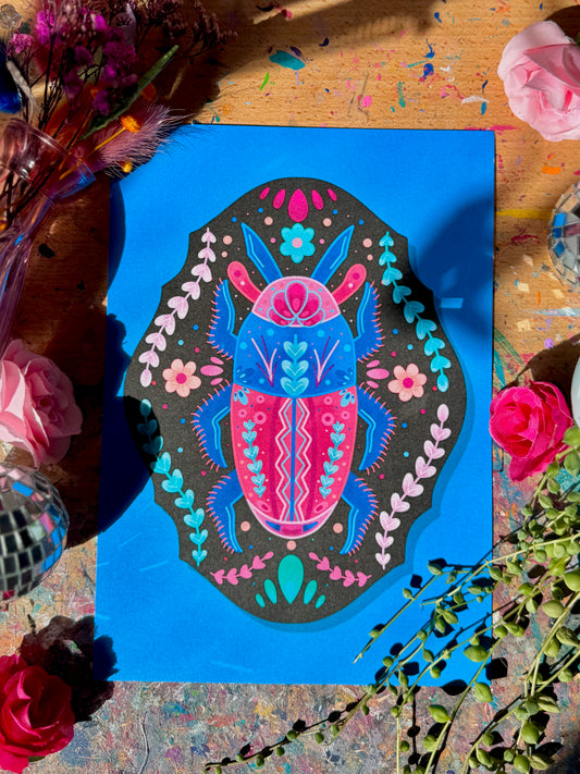 Blue & Pink Beetle on Plaque A5 Print