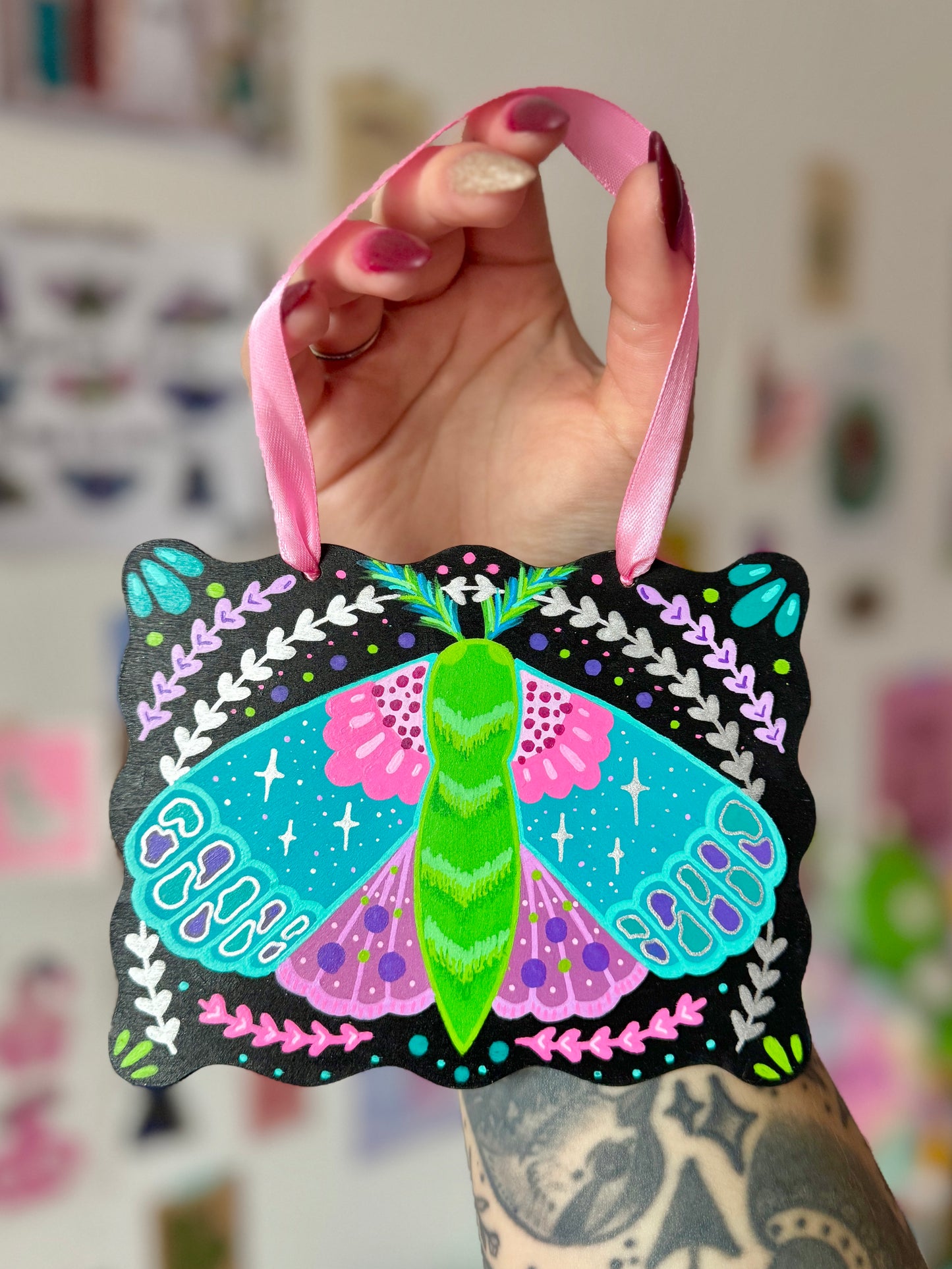 Pink & Teal Moth Painted Wall Hanging