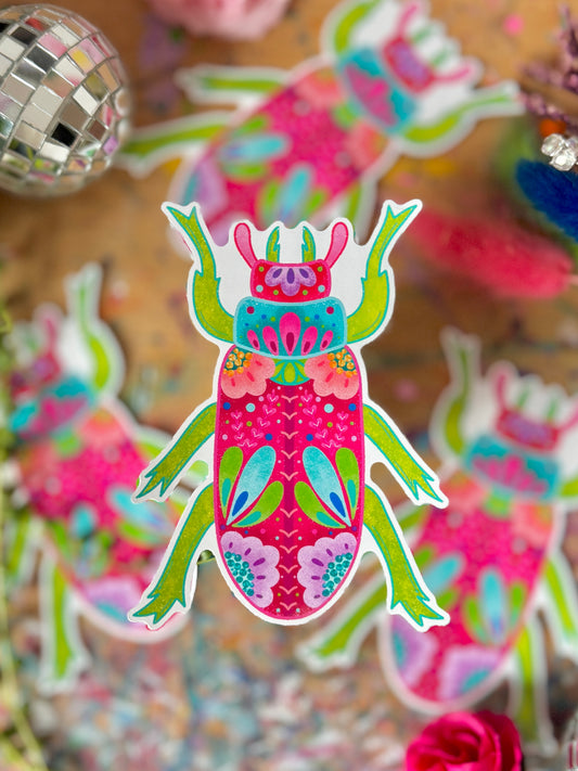 Pink & Green Beetle Sticker