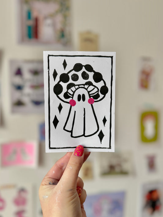 Mushroom Ghost Lino Postcard A6 Print